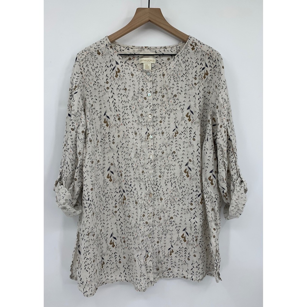 Cynthia Rowley Shirt Women 2X Tan Floral Linen Blouse Boho Nature Coastal